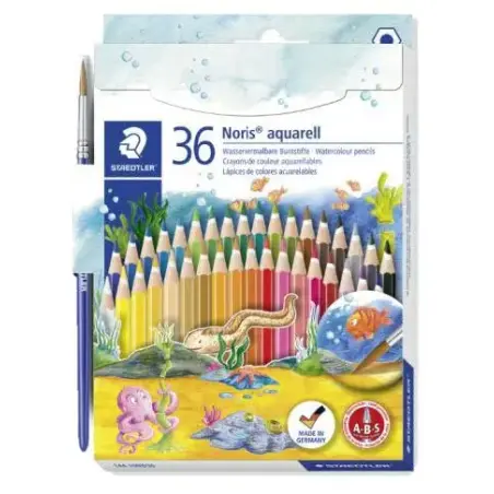 Staedtler Noris Aquarell Pack de 36 Lapices Hexagonales de Colores + Pincel - Refuerzo de Mina para Mayor Resistencia a la Rotur
