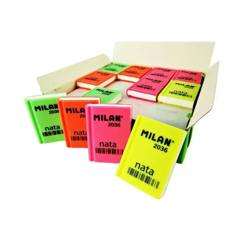 Milan Nata 2036 Goma de Borrar Rectangular - Plastico - Suave - Diseño Libro - Colores Fluorescentes Surtidos | Ahorro Imprimien