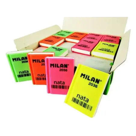 Milan Nata 2036 Goma de Borrar Rectangular - Plastico - Suave - Diseño Libro - Colores Fluorescentes Surtidos | Ahorro Imprimien