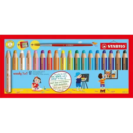 Stabilo Woody 3 en 1 Pack de 18 Lapices de Colores + Sacapuntas + Pincel Nº 8 - Lapiz de Color, Cera y Acuarela, Todo en Uno - M