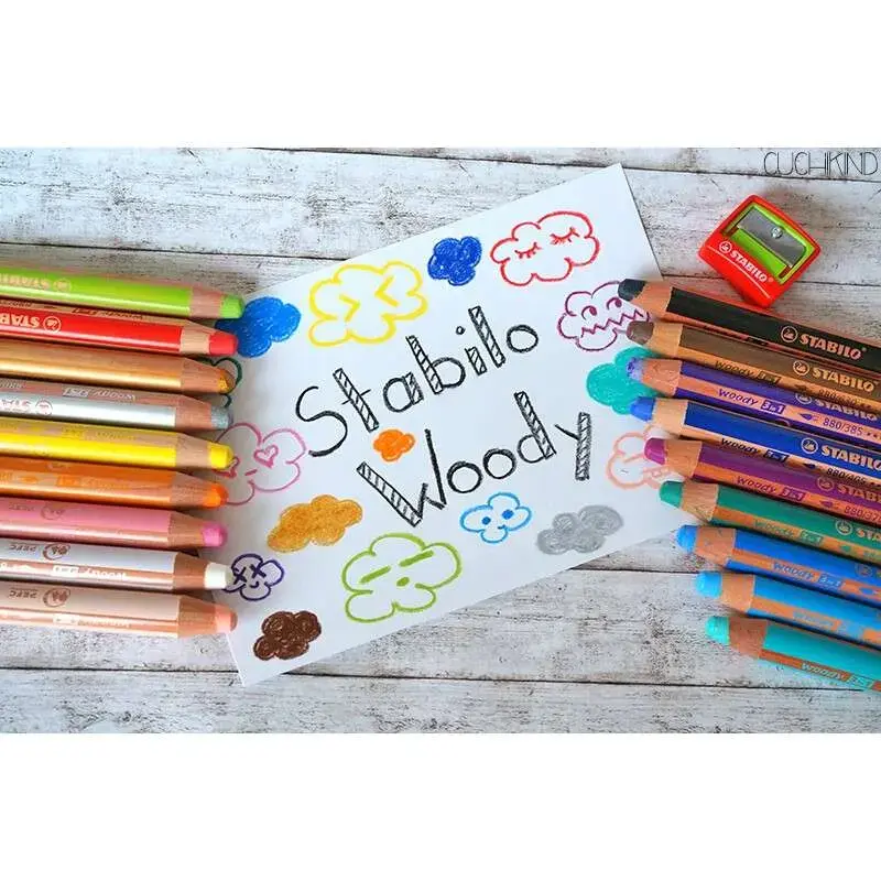 Stabilo Woody 3 en 1 Pack de 18 Lapices de Colores + Sacapuntas + Pincel Nº 8 - Lapiz de Color, Cera y Acuarela, Todo en Uno - M