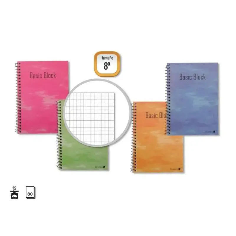 Golden Cuaderno Espiral 8º Natural (153x102mm) 80 Hojas 60gr Cuadricula - Margen Remarcado - Tapa Normal Plastificada - Colores