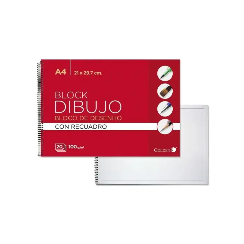 Golden Cuaderno de Dibujo Espiral A4 20 Hojas con Recuadro Interior - Papel de 100gr | Ahorro Imprimiendo