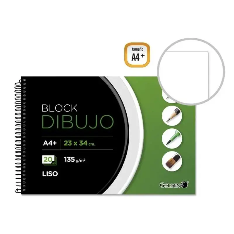 Golden Cuaderno de Dibujo A4+ con 20 Hojas Lisas - Papel de 135gr | Ahorro Imprimiendo