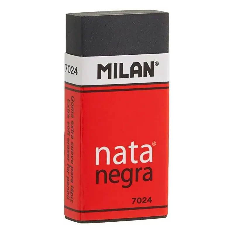 Milan Nata 7024 Goma de Borrar Rectangular - Plastico - Faja de Carton Roja - Envuelta Individualmente - Extra Suave - Color Neg