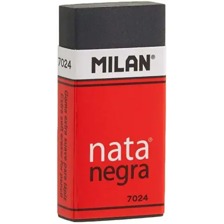 Milan Nata 7024 Goma de Borrar Rectangular - Plastico - Faja de Carton Roja - Envuelta Individualmente - Extra Suave - Color Neg