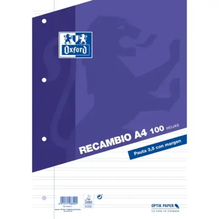 Oxford Recambio de 100 Hojas Pauta de 3.5mm con Margen - 4 Taladros | Ahorro Imprimiendo