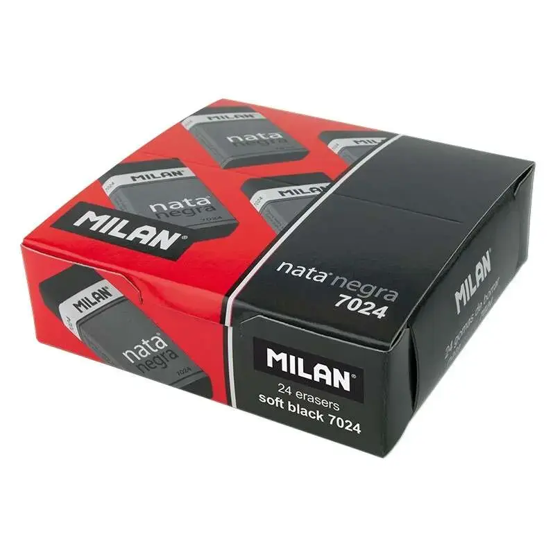 Milan Nata 7024 Goma de Borrar Rectangular - Plastico - Faja de Carton Roja - Envuelta Individualmente - Extra Suave - Color Neg
