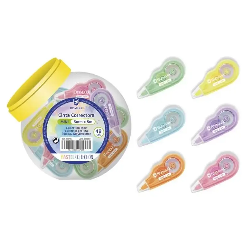 Bismark Mini Cinta Correctora Pastel 5mm x 5m - Correccion Instantanea - No Deja Huella en Fotocopias | Ahorro Imprimiendo
