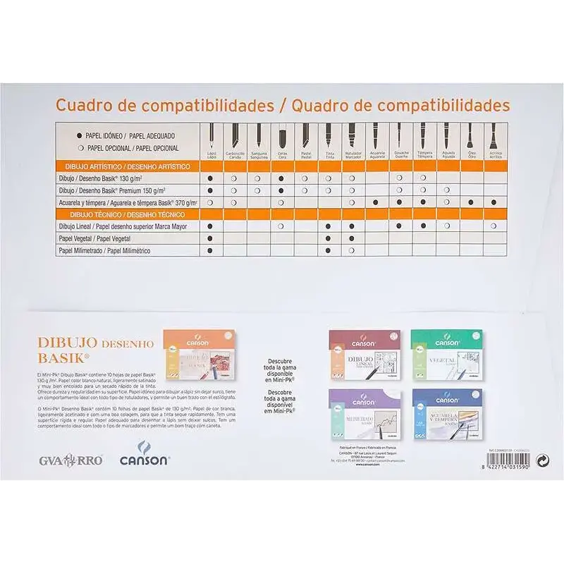 Canson Minipack de 10 Hojas de Dibujo Basik Liso A3 - 29,7x42cm - 130g - Color Blanco | Ahorro Imprimiendo