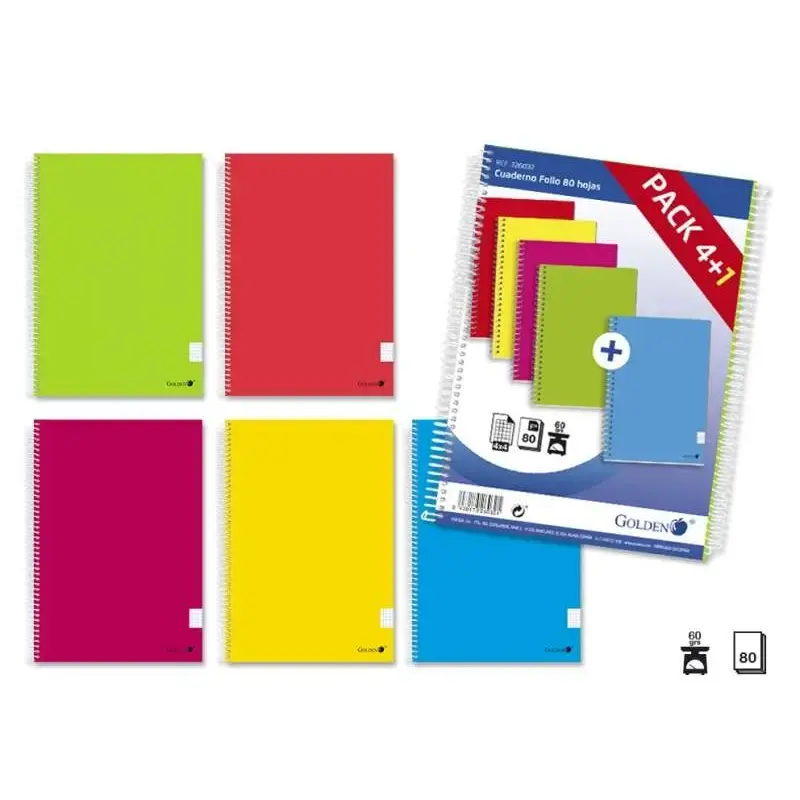Golden Pack de 5 Cuadernos Espiral Folio 80 Hojas Cuadricula 4x4 - Margen Remarcado - Tapa Normal Plastificada - Colores Surtido