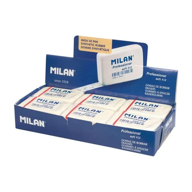 Milan Professional Soft 412 Goma de Borrar Rectangular - Miga de Pan - Caucho Sintetico - Envueltas Individualmente - Color Blan