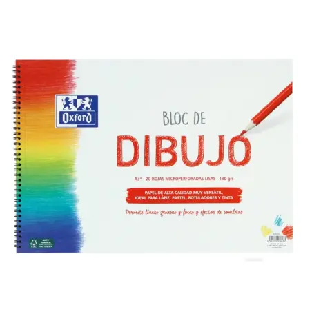 Oxford Dibujo Escolar Bloc Espiral A3+ - Tapa Blanda/Contratapa Rigida - 20 Hojas 130gr Liso | Ahorro Imprimiendo