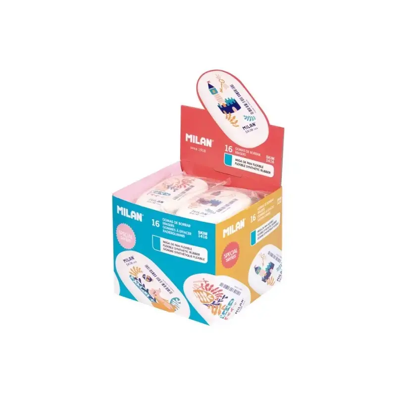 Milan 1416 Story Time Goma de Borrar Ovalada - Suave Caucho Sintetico - Envueltas Individualmente - Color Blanco con Dibujos Inf