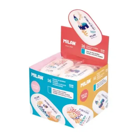 Milan 1416 Story Time Goma de Borrar Ovalada - Suave Caucho Sintetico - Envueltas Individualmente - Color Blanco con Dibujos Inf