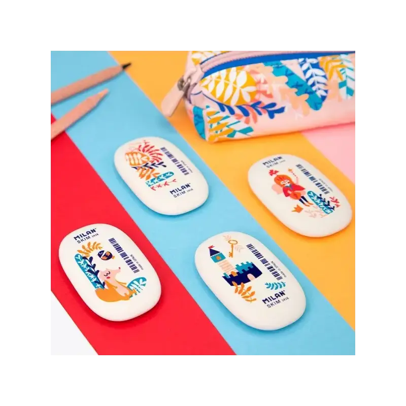 Milan 1416 Story Time Goma de Borrar Ovalada - Suave Caucho Sintetico - Envueltas Individualmente - Color Blanco con Dibujos Inf