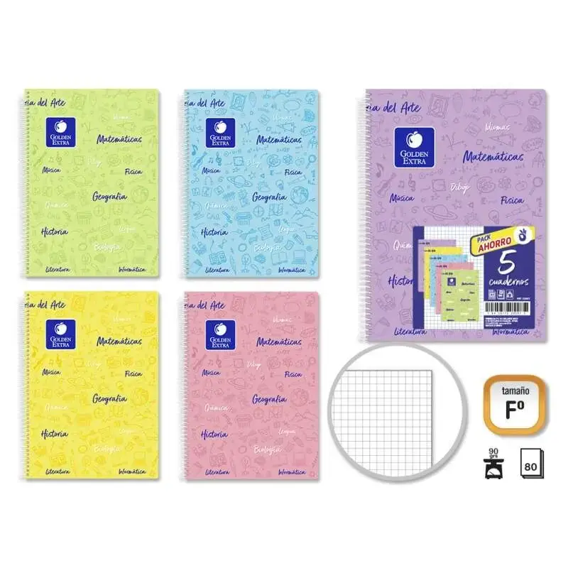 Golden Pack de 5 Cuadernos Asignatura Folio 80 Hojas 90gr Cuadricula 4x4 - Resistente - Tapa Plastica - Ideal para Estudiantes -