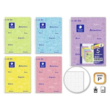 Golden Pack de 5 Cuadernos Asignatura Folio 80 Hojas 90gr Cuadricula 4x4 - Resistente - Tapa Plastica - Ideal para Estudiantes -