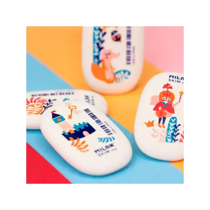 Milan 1416 Story Time Goma de Borrar Ovalada - Suave Caucho Sintetico - Envueltas Individualmente - Color Blanco con Dibujos Inf