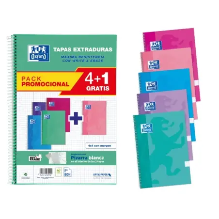 Oxford School Write&Erase Pack 4+1 de Cuaderno Espiral 80 Hojas Cuadricula 4x4 con Margen - Tapa Extradura - Colores Surtidos |