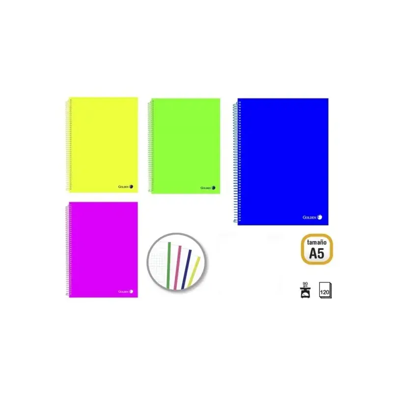 Golden Pack de 8 Cuadernos A5 120 Hojas 90gr Cuadricula 5x5 - Hojas Microperforadas con Banda de Color y 2 Taladros - Tapa Polip