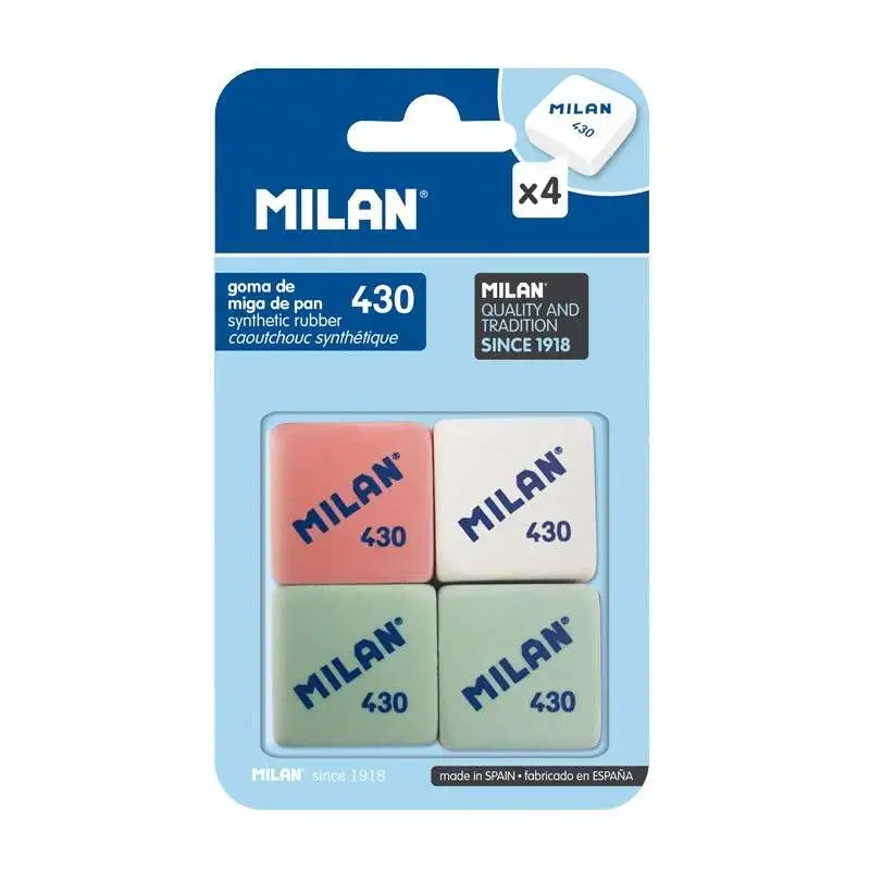Milan 430 Pack de 4 Gomas de Borrar Cuadradas - Miga de Pan - Suave Caucho Sintetico - Colores Surtidos | Ahorro Imprimiendo