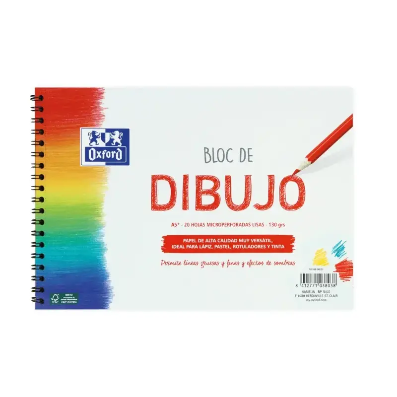 Oxford Dibujo Escolar Bloc Espiral Dibujo A5+ - Tapa Blanda/Contratapa Rigida - 20 Hojas 130gr Liso | Ahorro Imprimiendo