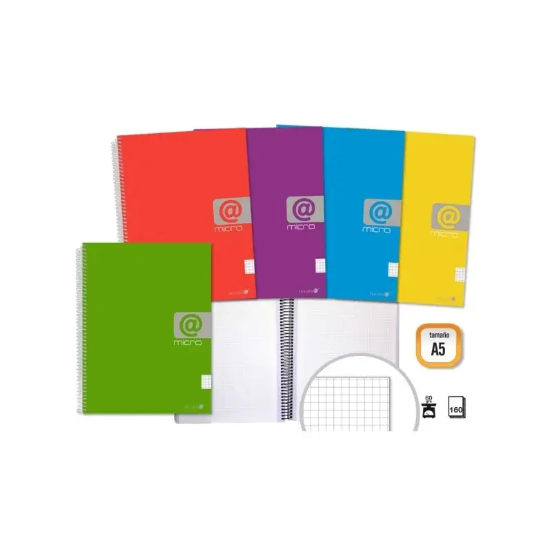 Golden Cuaderno Espiral A5 160 Hojas 60grs Cuadricula - Hojas Microperforadas con 4 Taladros y 4 Bandas de Color - Tapa Resisten