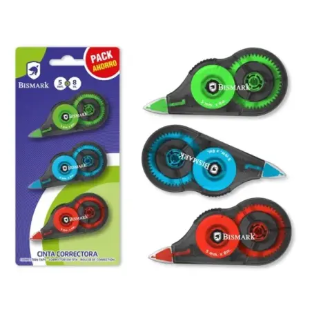 Bismark Pack de 3 Cintas Correctoras 5mmx8m - Perfecta Adherencia al Papel - Presentacion en Blister - Colores Surtidos | Ahorro