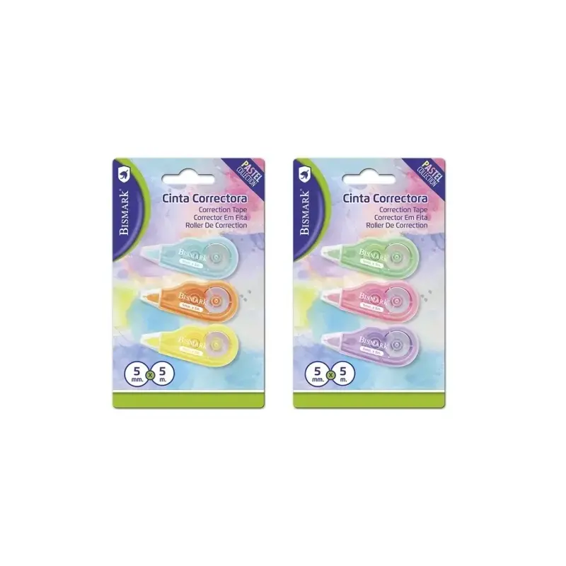 Bismark Mini Pastel Pack de 3 Cintas Correctoras 5mmx5m - Perfecta Adherencia al Papel - Presentacion en Blister - Cuerpo de Col