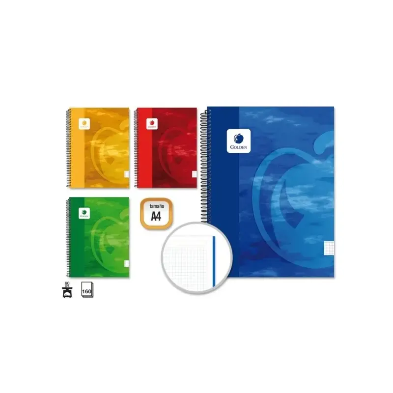Golden Cuaderno Espiral A4 160 Hojas 60grs Cuadricula 5x5 - Hojas Microperforadas - Tapa Dura Plastificada - Colores Surtidos |