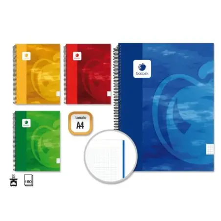 Golden Cuaderno Espiral A4 160 Hojas 60grs Cuadricula 5x5 - Hojas Microperforadas - Tapa Dura Plastificada - Colores Surtidos |