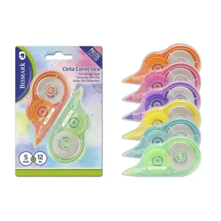 Bismark Pastel Pack de 2 Cintas Correctoras 5mmx12m - Perfecta Adherencia al Papel - Presentacion en Blister - Cuerpo de Colores