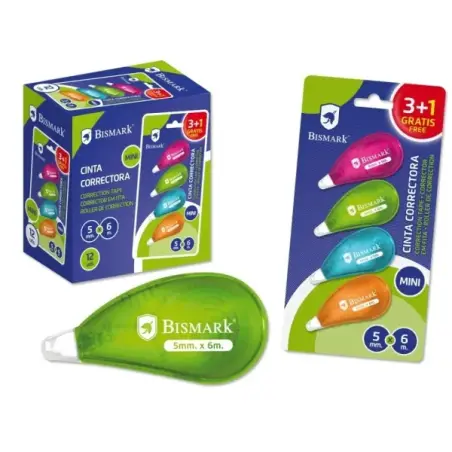 Bismark Neon Pack de 4 Mini Cintas Correctoras 5mmx6m - Perfecta Adherencia al Papel - Presentacion en Blister - Cuerpo de Color