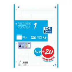 Oxford School Recambio A4 120 Hojas Cuadricula 5x5mm - 4 Taladros - Banda de Color Turquesa | Ahorro Imprimiendo