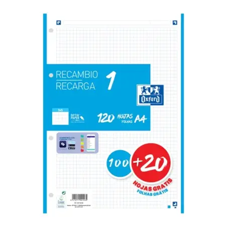 Oxford School Recambio A4 120 Hojas Cuadricula 5x5mm - 4 Taladros - Banda de Color Turquesa | Ahorro Imprimiendo