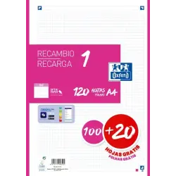 Oxford School Recambio A4 120 Hojas Cuadricula 5x5mm - 4 Taladros - Banda de Color Fucsia | Ahorro Imprimiendo