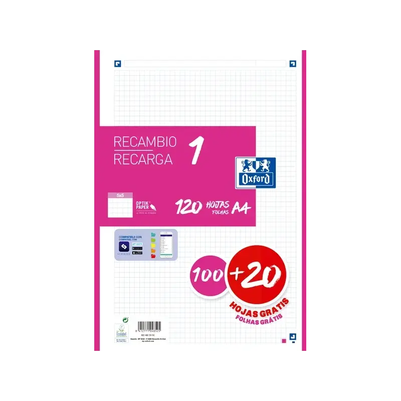 Oxford School Recambio A4 120 Hojas Cuadricula 5x5mm - 4 Taladros - Banda de Color Fucsia | Ahorro Imprimiendo