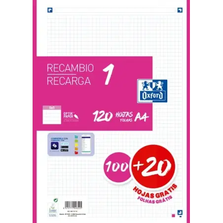 Oxford School Recambio A4 120 Hojas Cuadricula 5x5mm - 4 Taladros - Banda de Color Fucsia | Ahorro Imprimiendo