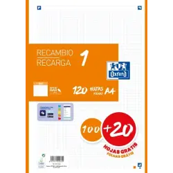 Oxford School Recambio A4 120 Hojas Cuadricula 5x5mm - 4 Taladros - Banda de Color Naranja | Ahorro Imprimiendo