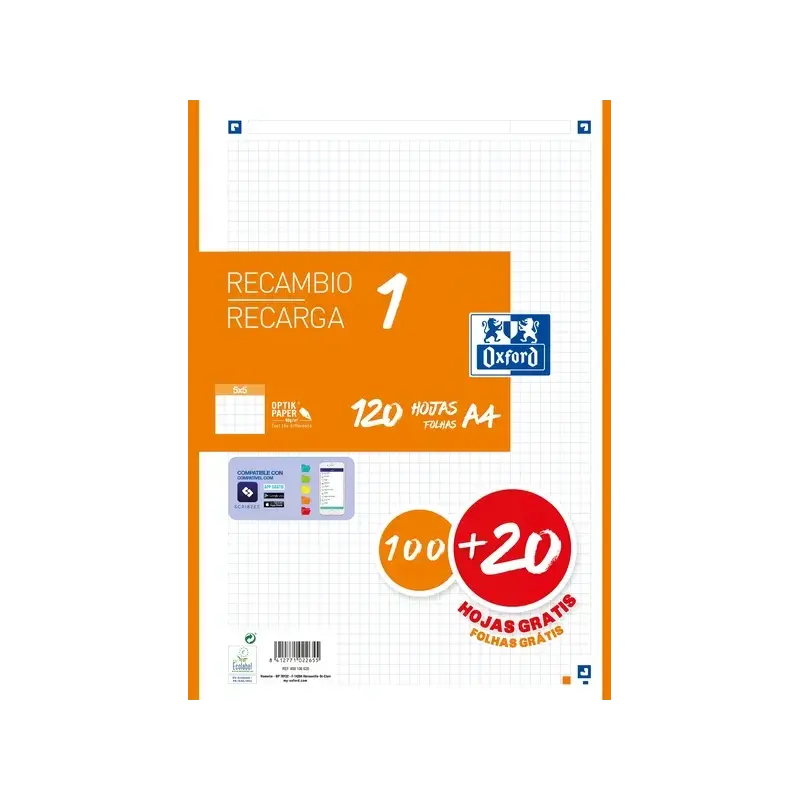Oxford School Recambio A4 120 Hojas Cuadricula 5x5mm - 4 Taladros - Banda de Color Naranja | Ahorro Imprimiendo
