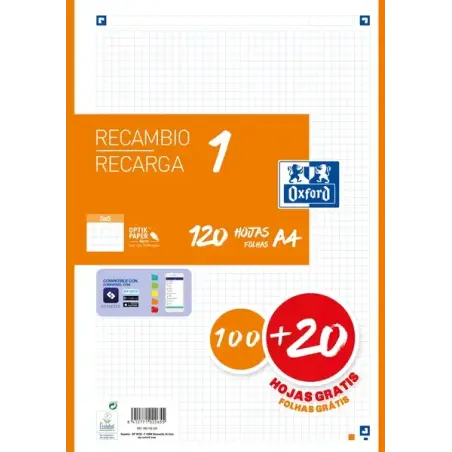 Oxford School Recambio A4 120 Hojas Cuadricula 5x5mm - 4 Taladros - Banda de Color Naranja | Ahorro Imprimiendo