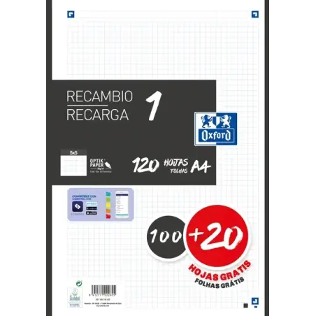 Oxford School Recambio A4 120 Hojas Cuadricula 5x5mm - 4 Taladros - Banda de Color Negro | Ahorro Imprimiendo