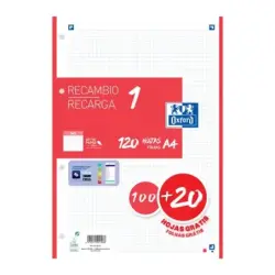 Oxford School Recambio A4 120 Hojas Cuadricula 5x5mm - 4 Taladros - Banda de Color Rojo | Ahorro Imprimiendo