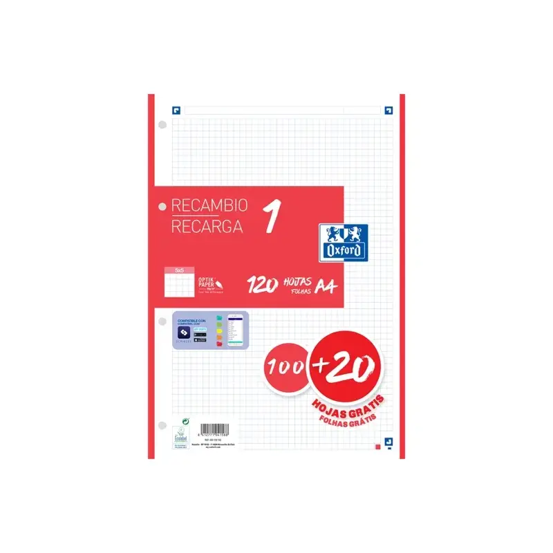 Oxford School Recambio A4 120 Hojas Cuadricula 5x5mm - 4 Taladros - Banda de Color Rojo | Ahorro Imprimiendo