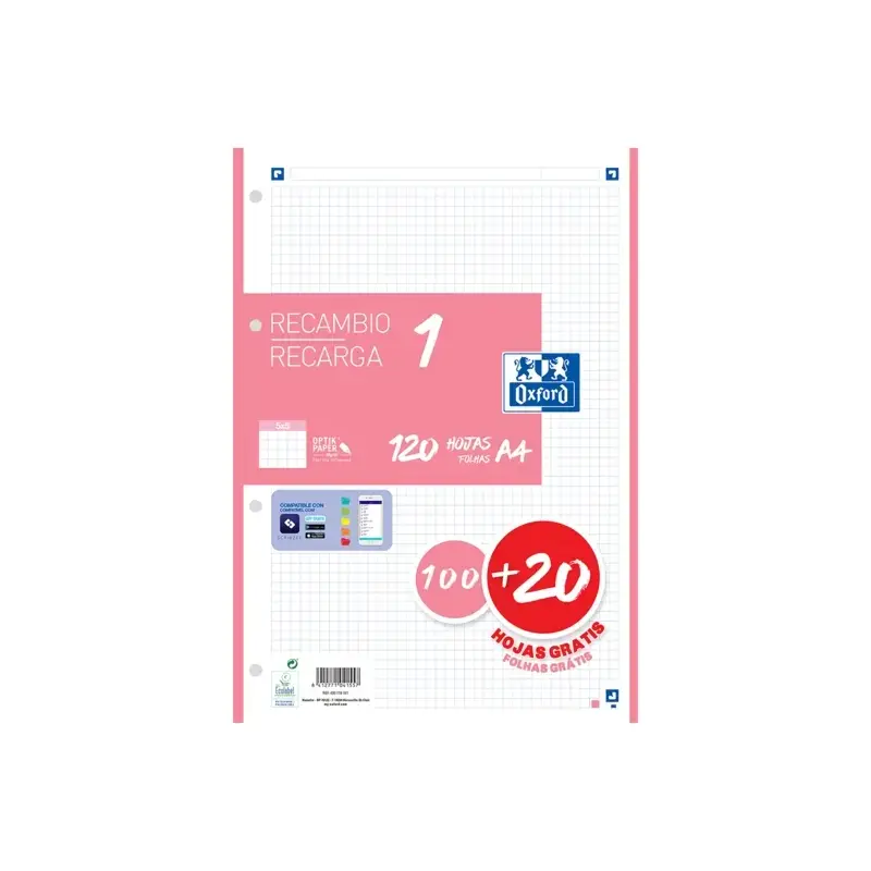 Oxford School Recambio A4 120 Hojas Cuadricula 5x5mm - 4 Taladros - Banda de Color Rosa | Ahorro Imprimiendo