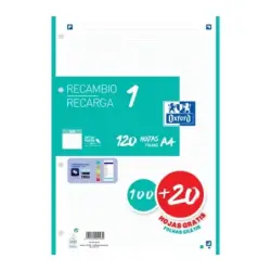 Oxford School Recambio A4 120 Hojas Cuadricula 5x5mm - 4 Taladros - Banda de Color Ice Mint | Ahorro Imprimiendo