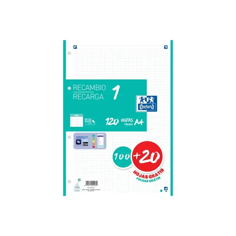 Oxford School Recambio A4 120 Hojas Cuadricula 5x5mm - 4 Taladros - Banda de Color Ice Mint | Ahorro Imprimiendo