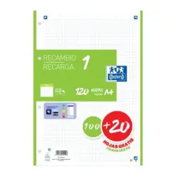 Oxford School Recambio A4 120 Hojas Cuadricula 5x5mm - 4 Taladros - Banda de Color Verde | Ahorro Imprimiendo