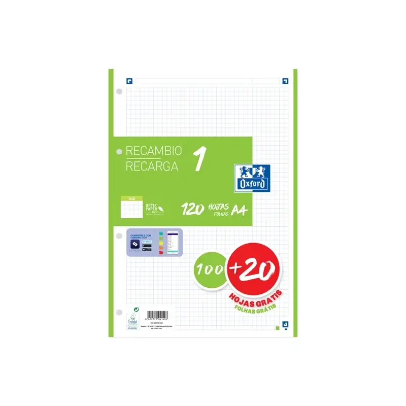 Oxford School Recambio A4 120 Hojas Cuadricula 5x5mm - 4 Taladros - Banda de Color Verde | Ahorro Imprimiendo
